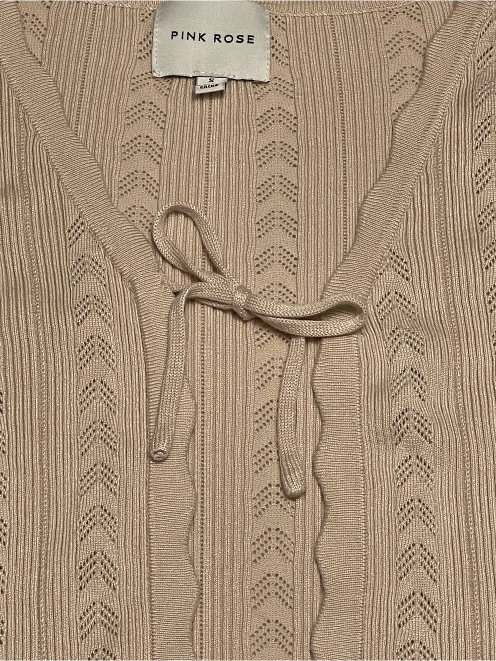 Y2K Dainty Pointelle Open-Knit Tie Front Earth Tone Crop Cardigan Scalloped Hem - Picture 2 of 6